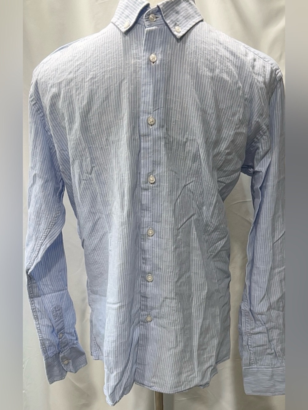 atelier F&B Mens Blue White Striped Linen Cotton Long Sleeve Button Up Shirt M
